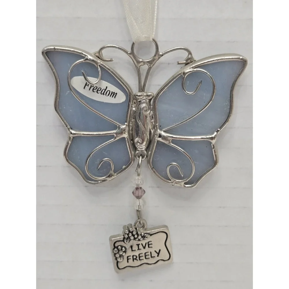 Lot of 2 Vtg Ganz Stained Glass Butterfly Ornaments Suncatcher Blessings Freedom